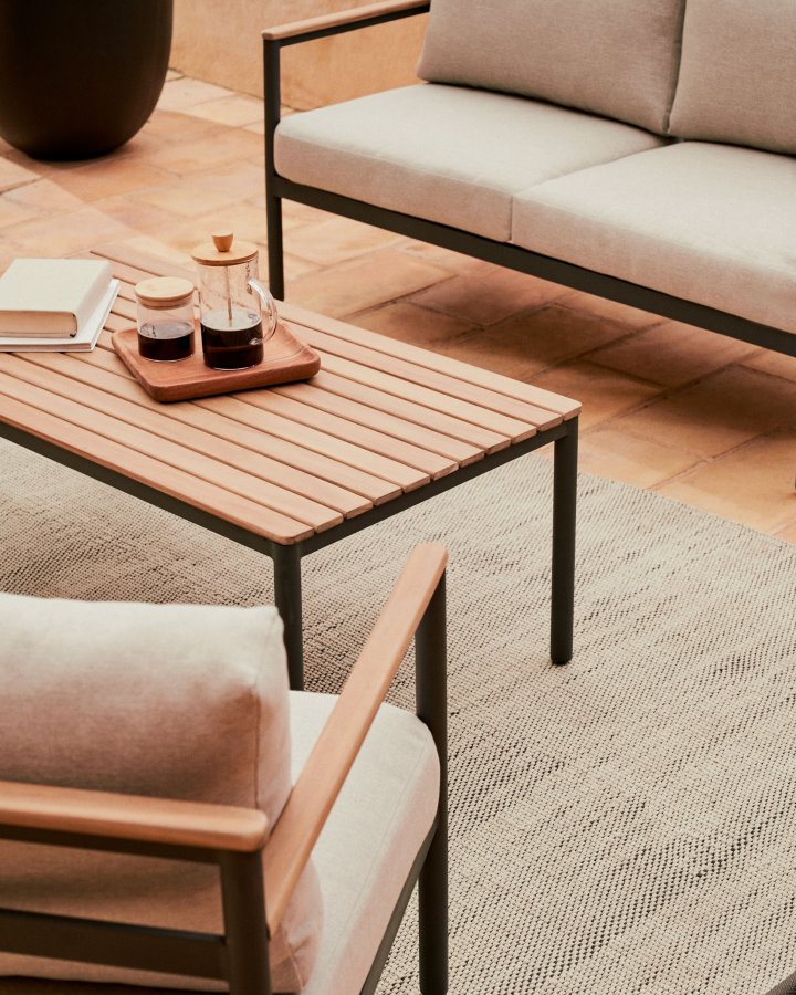 KAVE HOME Aiguafreda salongsett, m. 2-manns sofa, 2 stoler, 1 salongbord - gr aluminium og akasietre