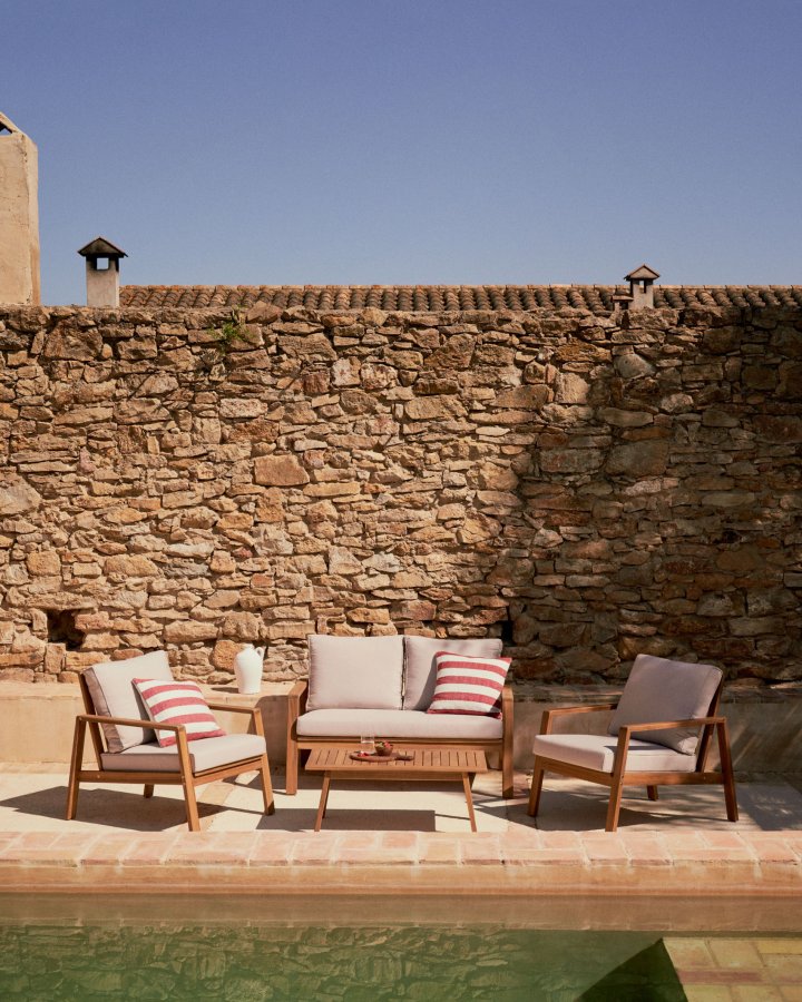 KAVE HOME Frares hagesett, m. 2-manns sofa, 2 lenestoler, 1 salongbord - akasietre (sett med 4)