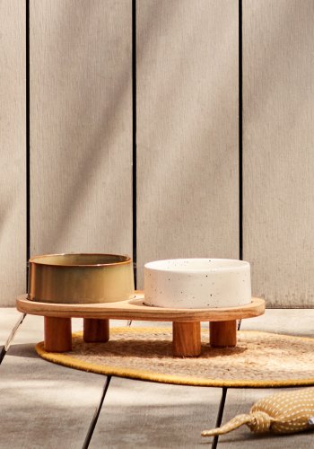 KAVE HOME Dumbi drikke- og matskler for kjledyr med stativ - flerfarget keramikk/akasie (sett med 2)