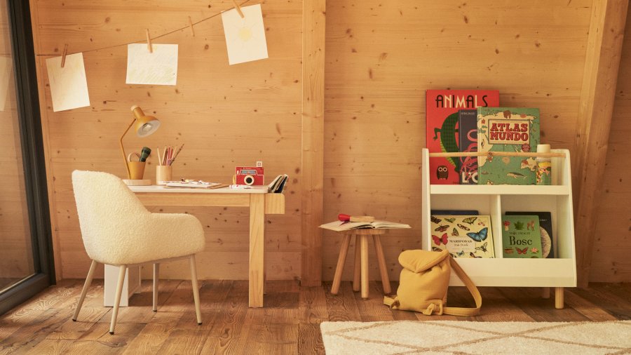 KAVE HOME Serwa barnebokhylle, m. 3 rom - hvit MDF og natur furu