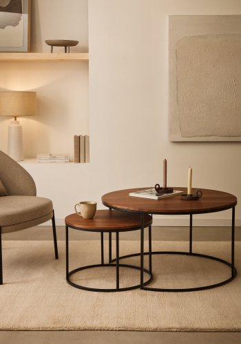 KAVE HOME Yoana sidebord, rund brun valntt finish og svart jern (sett med 2)