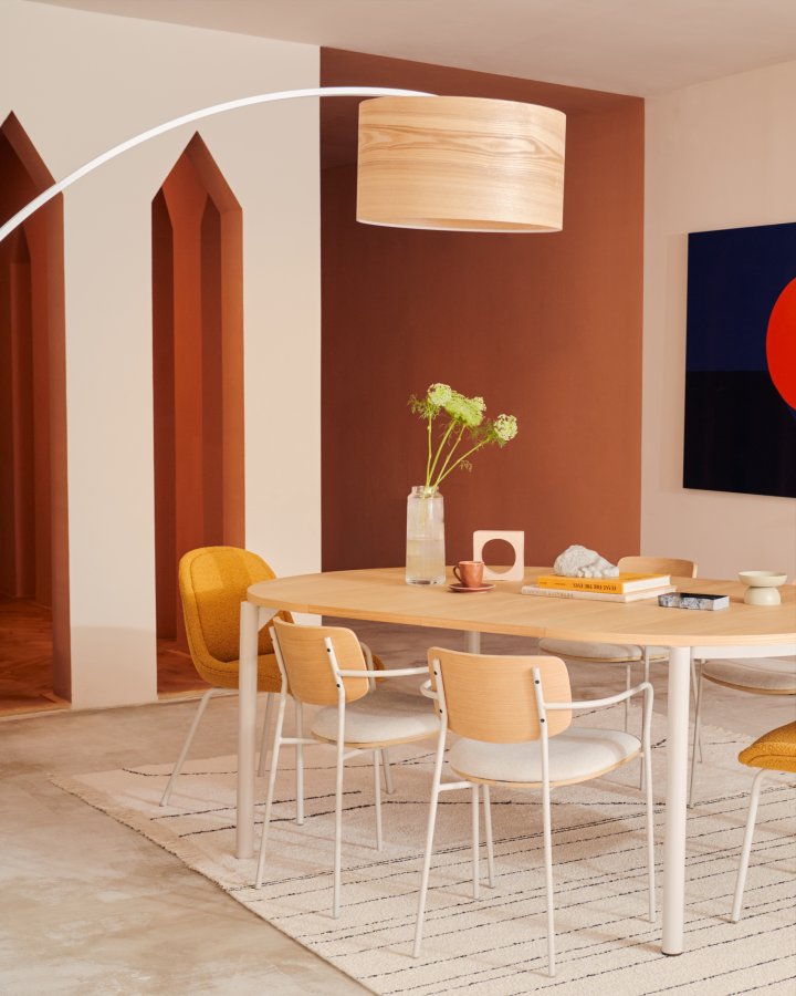 KAVE HOME Montuiri spisebord, med uttrekk, rund - naturlig eikefiner og grtt stl (120)