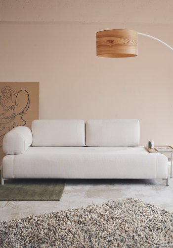 KAVE HOME Compo 3-manns sofa med stort brett - beige chenille med gr metallstruktur (232cm)