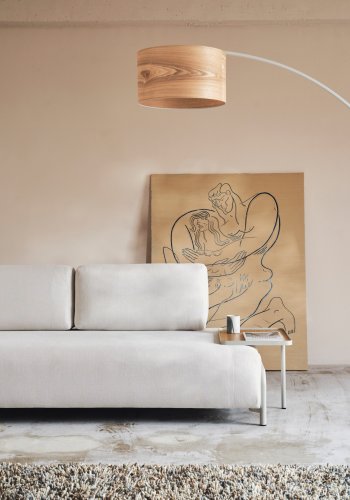 KAVE HOME Compo 3-manns sofa med stort brett - beige chenille med gr metallstruktur (232cm)