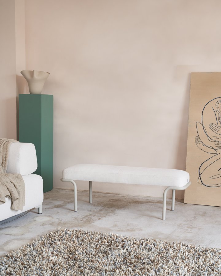 KAVE HOME Compo benk, rektangulr - grtt stoff og svart metall (130x44)