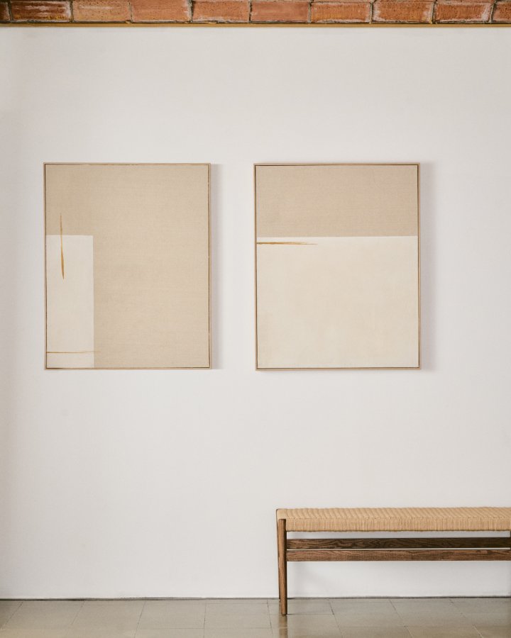 KAVE HOME Salin abstrakt maleri med en vertikal beige linstripe, rektangulr - beige lerret (80x100)