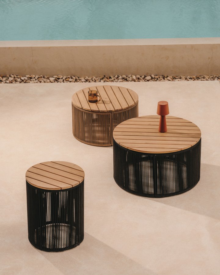 KAVE HOME Dandara utendrs salongbord, rundt - naturlig akasietre og svart tau/stl (70)