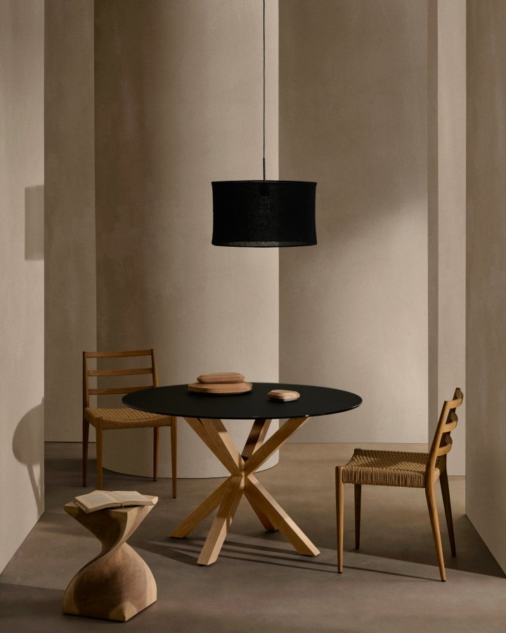 KAVE HOME Argo rundt bord i frostet svart glass og stlben med treeffekt, 120 cm