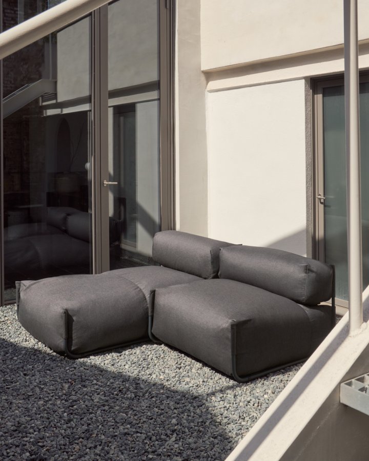 KAVE HOME Firkantet sjeselongmodul for hagesofa - m. ryggsttte - mrkegr stoff, sort aluminium (165x101) 