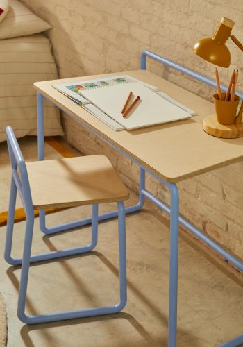 KAVE HOME barnepult i tinn, rektangulrt - finér i naturlig ask og bltt metall (82x45)