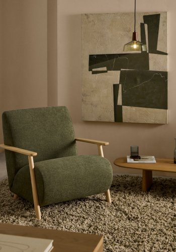 KAVE HOME Meghan lenestol, m. armlener - grnn chenille og naturlig bketre