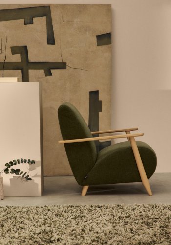 KAVE HOME Meghan lenestol, m. armlener - grnn chenille og naturlig bketre