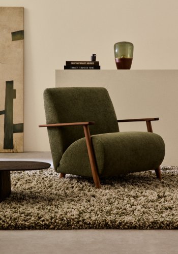 KAVE HOME Meghan l�nestol, m. arml�n - gr�n chenille og asketr� med valn�ddefinish