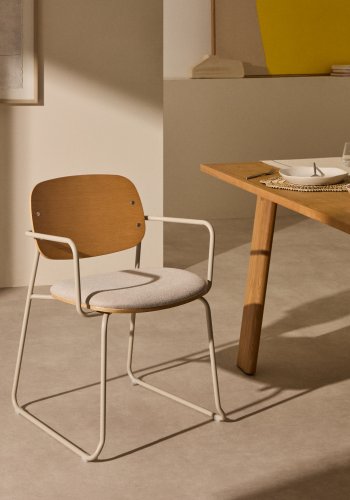 KAVE HOME Meli spisebordsstol, m. arml�n - askefin�r, beige chenille og beige metal