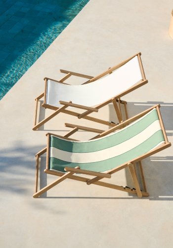 KAVE HOME Vilara udend�rs liggestol, foldbar - gr�n og beige stribet stof og natur akacietr�