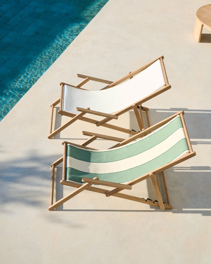 KAVE HOME Vilara udend�rs liggestol, foldbar - gr�n og beige stribet stof og natur akacietr�