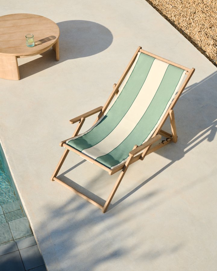KAVE HOME Vilara udend�rs liggestol, foldbar - gr�n og beige stribet stof og natur akacietr�
