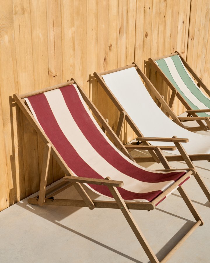 KAVE HOME Vilara udend�rs liggestol, foldbar - bordeaux og beige stribet stof og natur akacietr�