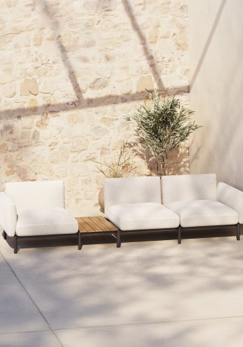 KAVE HOME Sorells udend�rs modul�r 3-personers sofa med beige polstring og gr� aluminium med teaktr�sunderlag