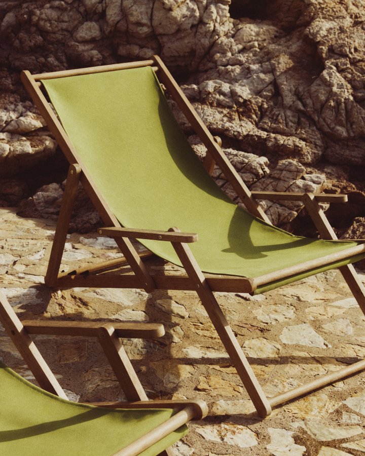 KAVE HOME Vilara udend�rs liggestol, foldbar - gr�n stribet stof og natur akacietr�