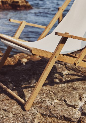 KAVE HOME Vilara udend�rs liggestol, foldbar - hvid stof og natur akacietr�