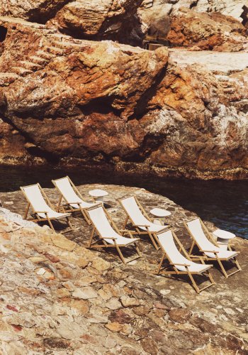 KAVE HOME Vilara udend�rs liggestol, foldbar - hvid stof og natur akacietr�