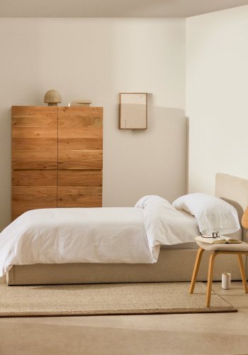 KAVE HOME Nahiri sengeramme, m. sengegavl og opbevaring - beige chenille stof (200x90)