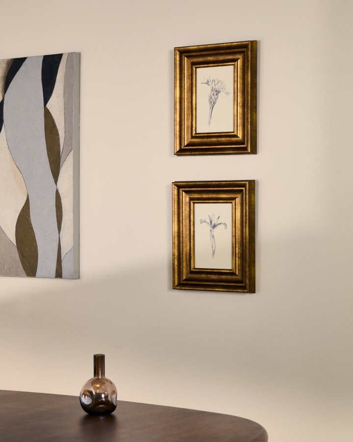 KAVE HOME Yalira billede - botanisk illustration og antik guld tr�ramme (41x33)