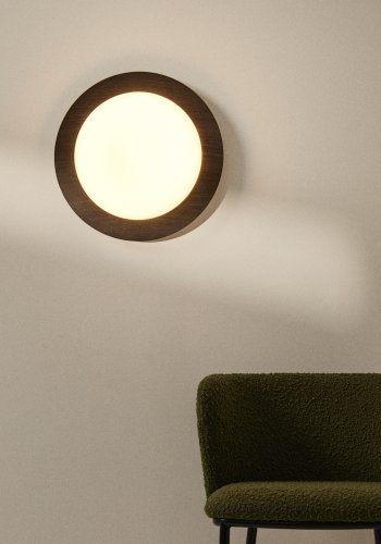 KAVE HOME Novae badev�relsesloftlampe, rund - frostet glas og lyst b�rstet st�l med m�rkt tr�look (�40)