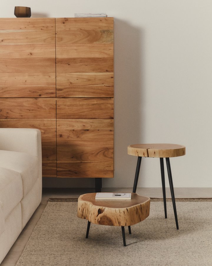 KAVE HOME Tanive sidebord, rund - akacietr� med bleget finish og sort st�l (�35)