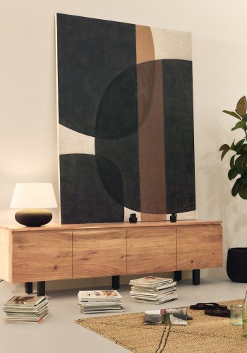 KAVE HOME Uxue TV-bord, m. 4 l�ger og 4 hylder - akacietr� med bleget finish og sort st�l (200x40)