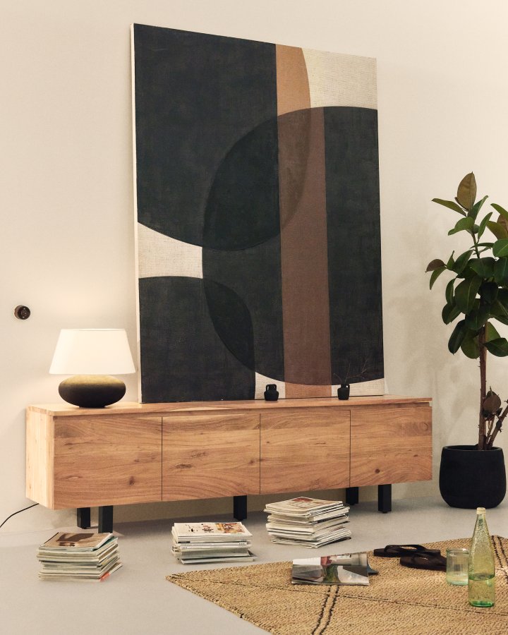 KAVE HOME Uxue TV-bord, m. 4 l�ger og 4 hylder - akacietr� med bleget finish og sort st�l (200x40)