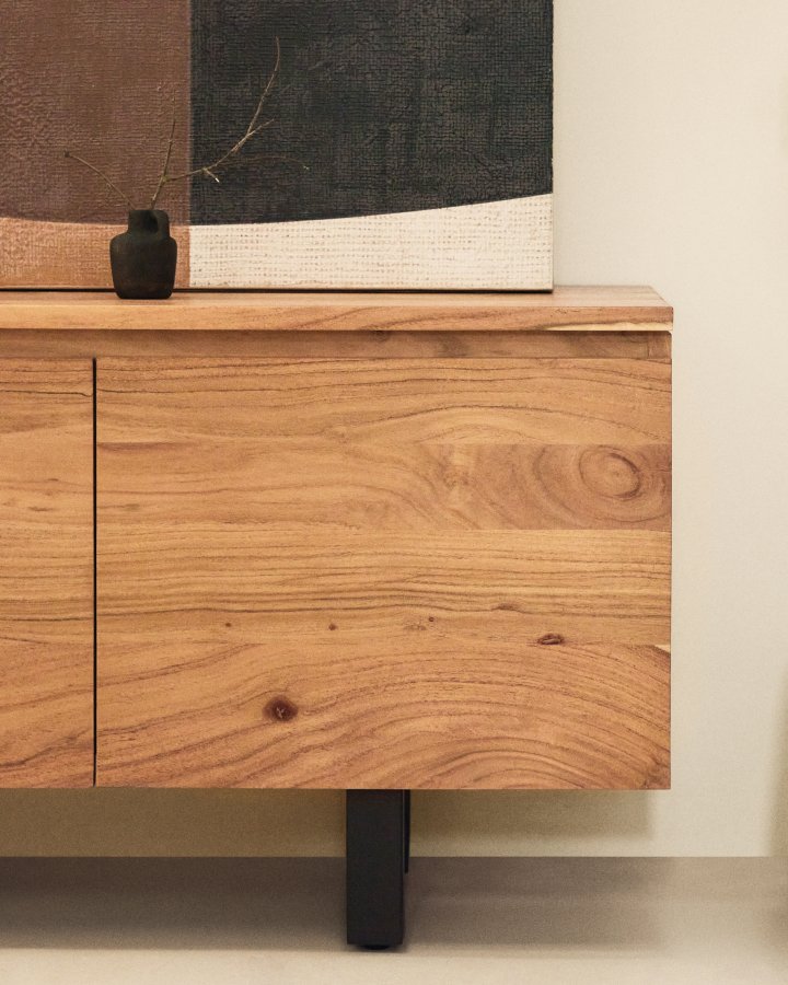 KAVE HOME Uxue TV-bord, m. 4 l�ger og 4 hylder - akacietr� med bleget finish og sort st�l (200x40)