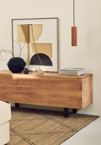 KAVE HOME Uxue TV-bord, m. 3 l�ger og 3 hylder - akacietr� med bleget finish og sort st�l (150x40)