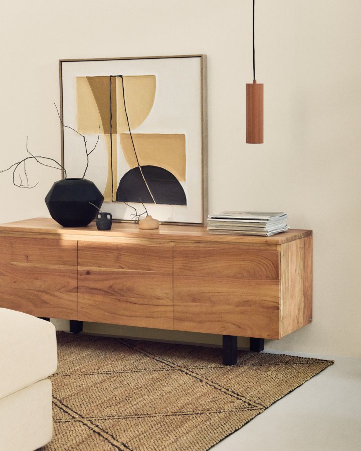 KAVE HOME Uxue TV-bord, m. 3 l�ger og 3 hylder - akacietr� med bleget finish og sort st�l (150x40)