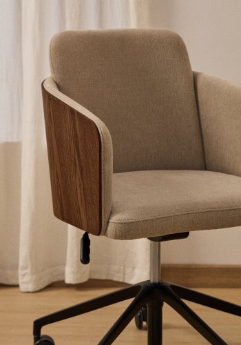 KAVE HOME Madai kontorstol, m. arml�n og hjul - brun chenille og askefiner med valn�ddefinish