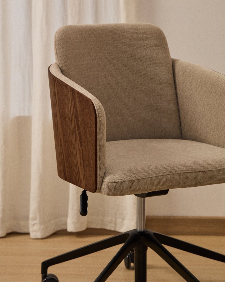 KAVE HOME Madai kontorstol, m. arml�n og hjul - brun chenille og askefiner med valn�ddefinish