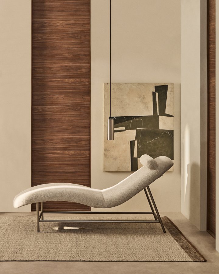 KAVE HOME Osla chaiselong - beige chenille og b�rstet rustfrit st�l (175x71,5)