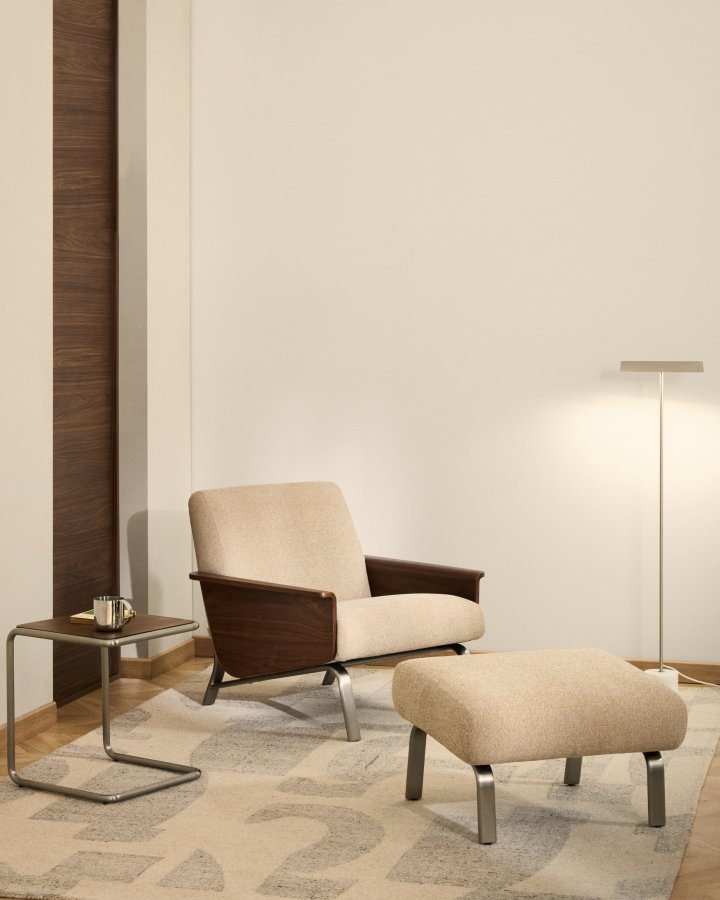 KAVE HOME Amsen l�nestol, m. arml�n - lysebrun chenille, valn�ddekrydsfiner, b�rstet rustfrit st�l