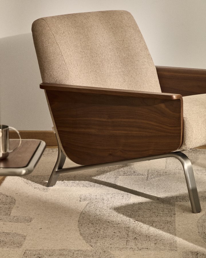 KAVE HOME Amsen l�nestol, m. arml�n - lysebrun chenille, valn�ddekrydsfiner, b�rstet rustfrit st�l