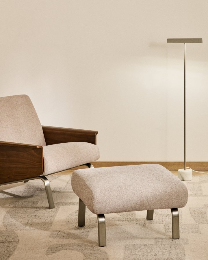 KAVE HOME Amsen fodskammel, rektangul�r - beige chenille og b�rstet rustfrit st�l (68x55)