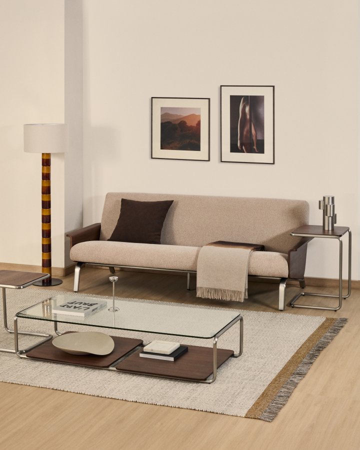 KAVE HOME Amsen 3 pers. sofa - lysebrun chenille, valn�ddekrydsfiner, b�rstet rustfrit st�l (190cm)