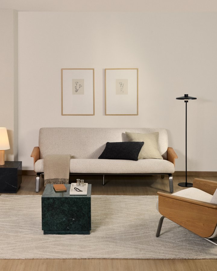 KAVE HOME Amsen 3 pers. sofa - beige chenille, egetr�skrydsfiner, b�rstet rustfrit st�l (190cm)