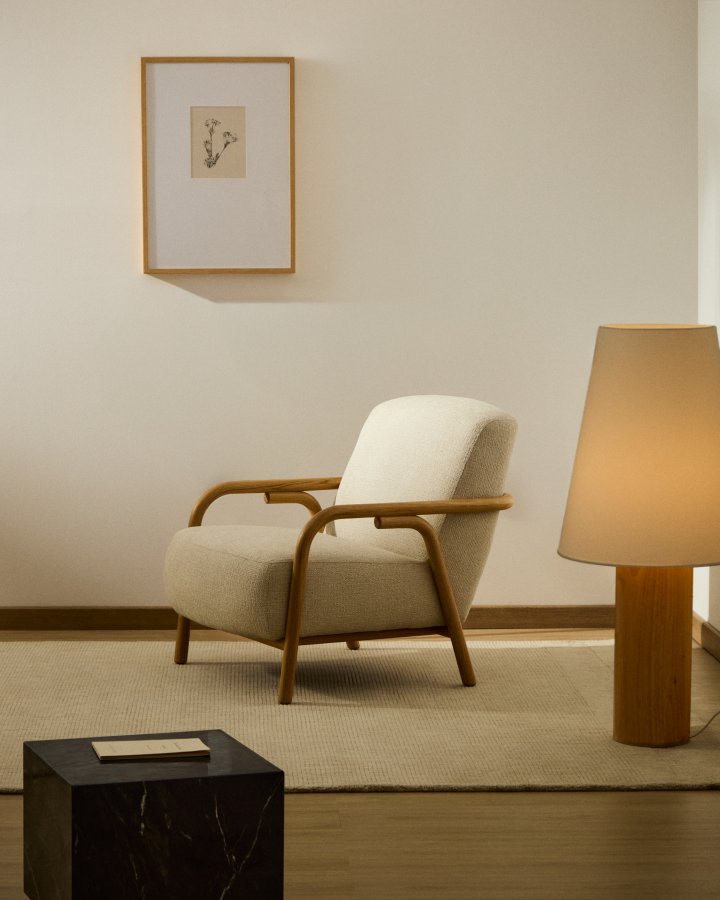 KAVE HOME Sylo l�nestol, m. arml�n - beige chenille og natur asketr�