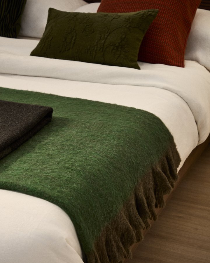 KAVE HOME Odelna plaid, m. fl�ser, rektangul�r - gr�n uld og akryl (170x130)