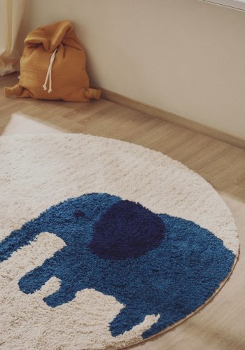 KAVE HOME Tandani gulvt�ppe til b�rn, rund - beige bomuld med bl� elefant (�100)