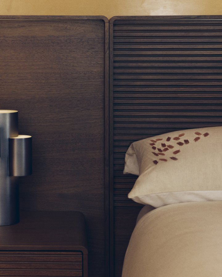 KAVE HOME Norlen sengeramme, m. 2 natborde og LED-lys - valn�ddefiner med m�rk finish (160x200)