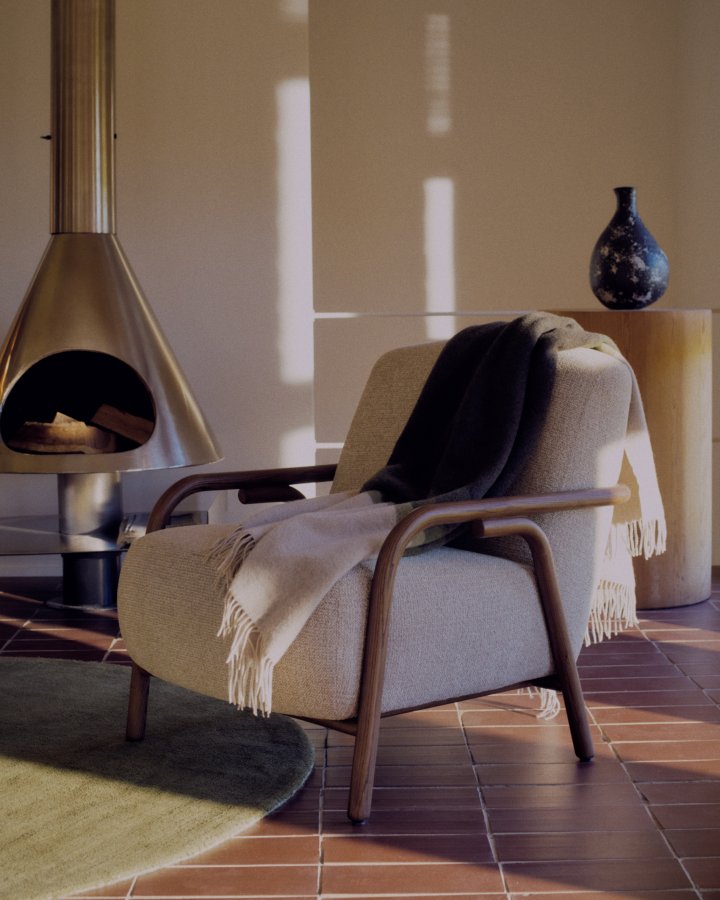 KAVE HOME Sylo l�nestol, m. arml�n - beige chenille og valn�ddefarvet asketr�