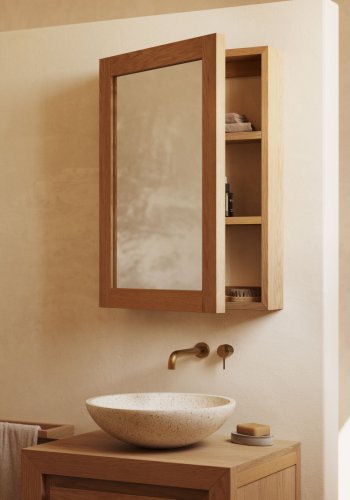 KAVE HOME Plubia medisinskap med speil, m. 1 dr og 2 hyller - speilglass og naturlig teak (50x70)