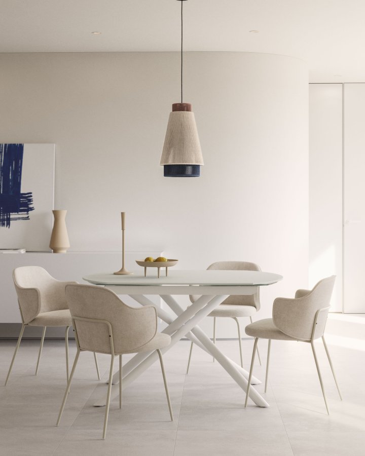 KAVE HOME Yunia spisebordstol, med armlener - beige stoff og sort stl